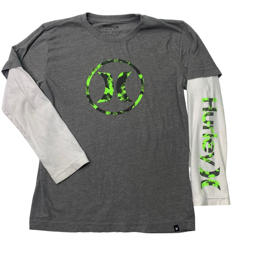 Hurley Boys Medium Long Sleeve Under Tee Shirt Layered Neon Green Camo Cotton